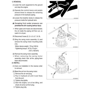 May include: Diagram from a manual detailing the removal and installation of a swing motor assembly. The image includes illustrations of hydraulic components, along with text describing the steps and safety precautions. The motor device weight is 165 lb.