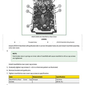 May include: Diagram of a manifold assembly with labels and instructions. The image includes a detailed view of the manifold, threaded holes, and a lifting bracket. Text provides installation steps and torque specifications.