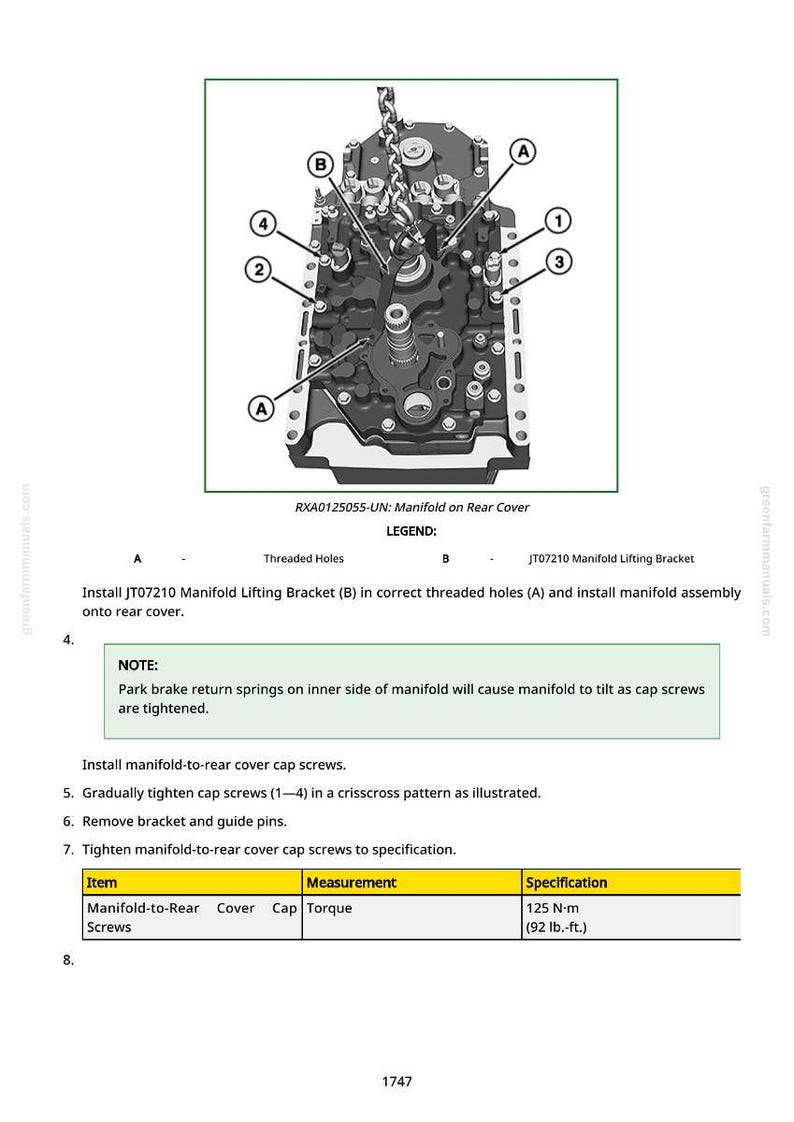 May include: Diagram of a manifold assembly with labels and instructions. The image includes a detailed view of the manifold, threaded holes, and a lifting bracket. Text provides installation steps and torque specifications.