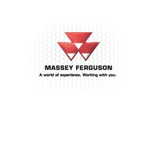 May include: The Massey Ferguson logo features three red triangles arranged in a stacked formation. Below the logo, the text reads "MASSEY FERGUSON" in bold black letters, with the tagline "A world of experience. Working with you."