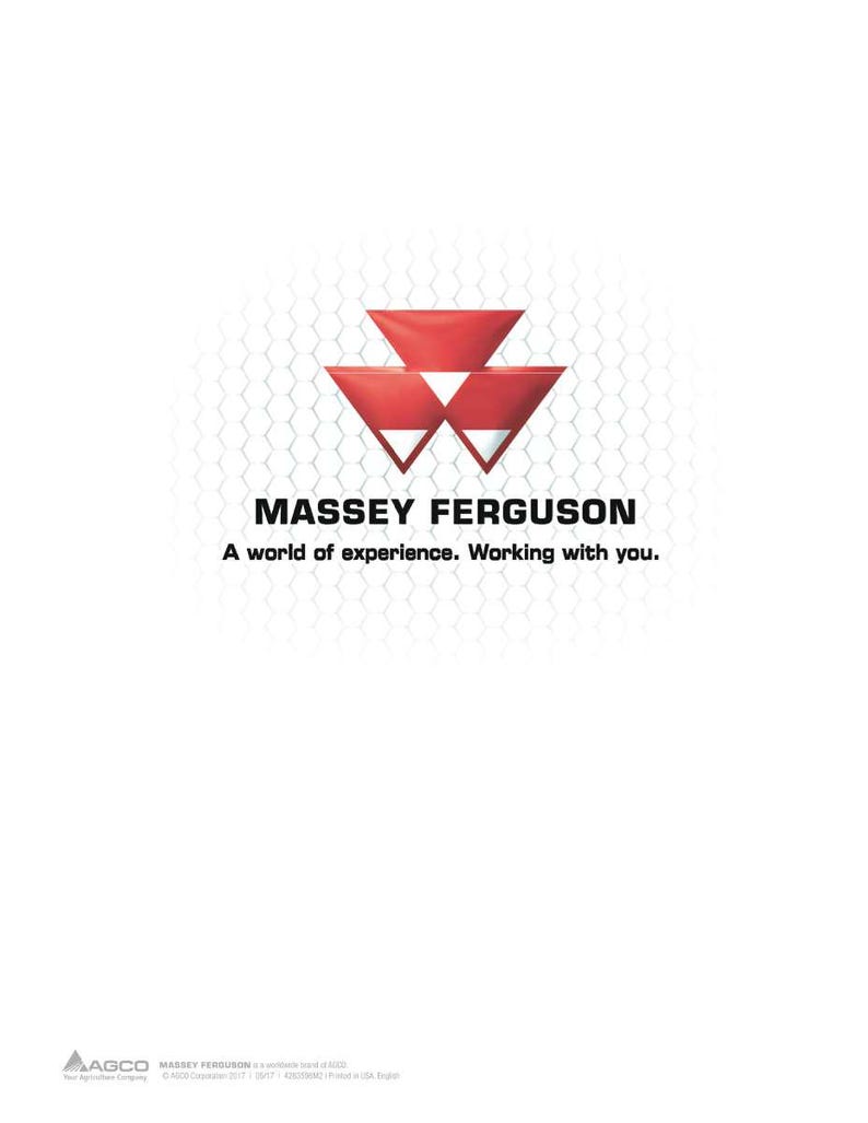 May include: The Massey Ferguson logo features three red triangles arranged in a stacked formation. Below the logo, the text reads "MASSEY FERGUSON" in bold black letters, with the tagline "A world of experience. Working with you."