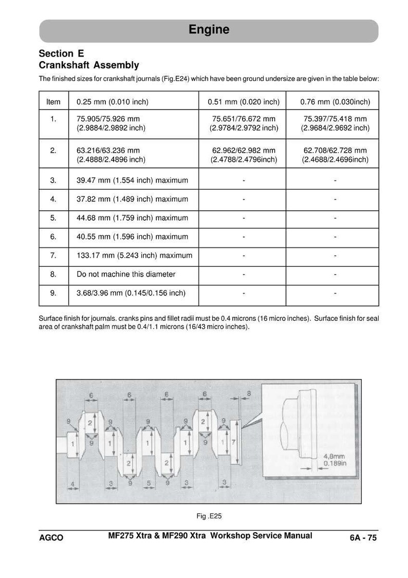 May include: Technical diagram from a workshop manual, detailing crankshaft assembly measurements in inches and millimeters. Includes a table with dimensions and a diagram of the crankshaft. The text reads "Engine" and "Crankshaft Assembly".