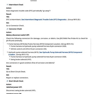 May include: A manual page detailing diagnostic procedures. It features a legend with abbreviations and instructions for intermittent checks, connector checks, and short circuit checks. The text is black on a white background.
