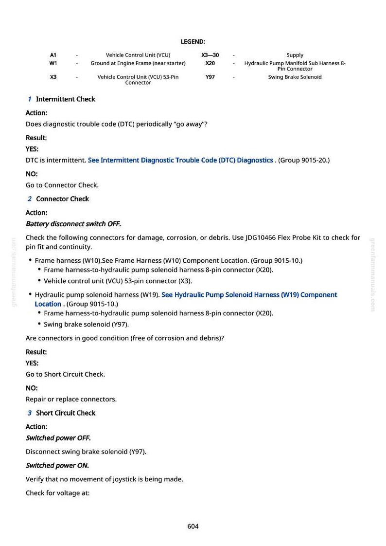 May include: A manual page detailing diagnostic procedures. It features a legend with abbreviations and instructions for intermittent checks, connector checks, and short circuit checks. The text is black on a white background.