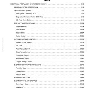 K&ouml;nnte beinhalten: Eine wei&szlig;e Seite aus einem Handbuch mit dem Titel "SECTION E2 ELECTRIC PROPULSION SYSTEM COMPONENTS INDEX". Das Inhaltsverzeichnis listet verschiedene Komponenten und Funktionen auf, darunter "Drive System Controller", "State Machine" und "Event Logging and Storage".