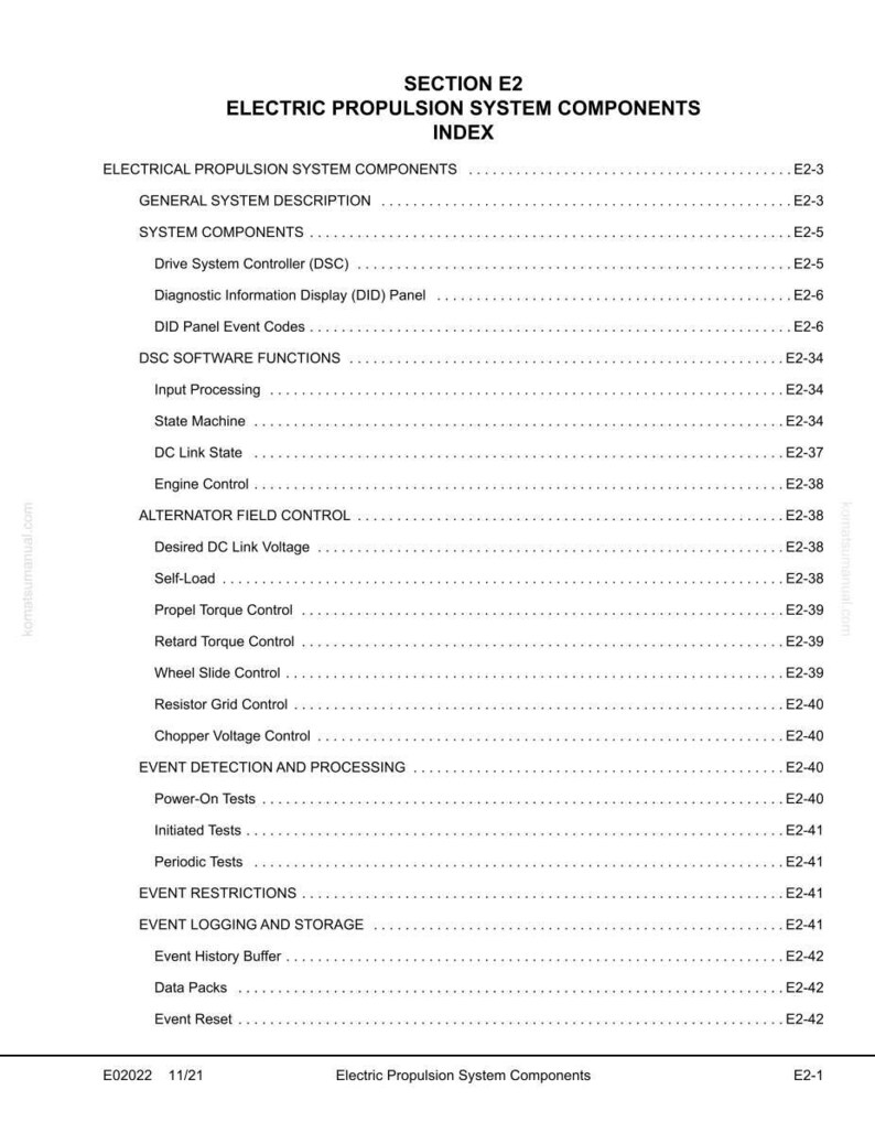 K&ouml;nnte beinhalten: Eine wei&szlig;e Seite aus einem Handbuch mit dem Titel "SECTION E2 ELECTRIC PROPULSION SYSTEM COMPONENTS INDEX". Das Inhaltsverzeichnis listet verschiedene Komponenten und Funktionen auf, darunter "Drive System Controller", "State Machine" und "Event Logging and Storage".