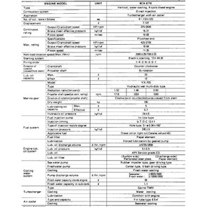 May include: A detailed specification sheet for a 6CX-ETE diesel engine, including technical data on combustion, aspiration, and fuel systems. Measurements are in imperial units, such as inches and pounds.