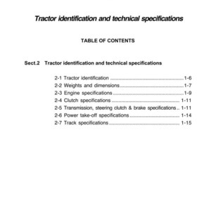 K&ouml;nnte beinhalten: Eine Seite aus einem Traktoren-Handbuch mit dem Titel "Traktoridentifizierung und technische Spezifikationen". Das Inhaltsverzeichnis listet Abschnitte zu Identifizierung, Abmessungen und technischen Daten auf.