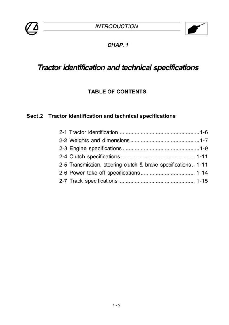 K&ouml;nnte beinhalten: Eine Seite aus einem Traktoren-Handbuch mit dem Titel "Traktoridentifizierung und technische Spezifikationen". Das Inhaltsverzeichnis listet Abschnitte zu Identifizierung, Abmessungen und technischen Daten auf.