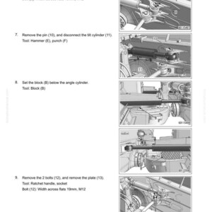 May include: Diagram of blade assembly removal and installation steps. Includes instructions to remove bolts and plates, disconnect the tilt cylinder, and set a block. Text includes tool specifications and part numbers. The image is a technical illustration.