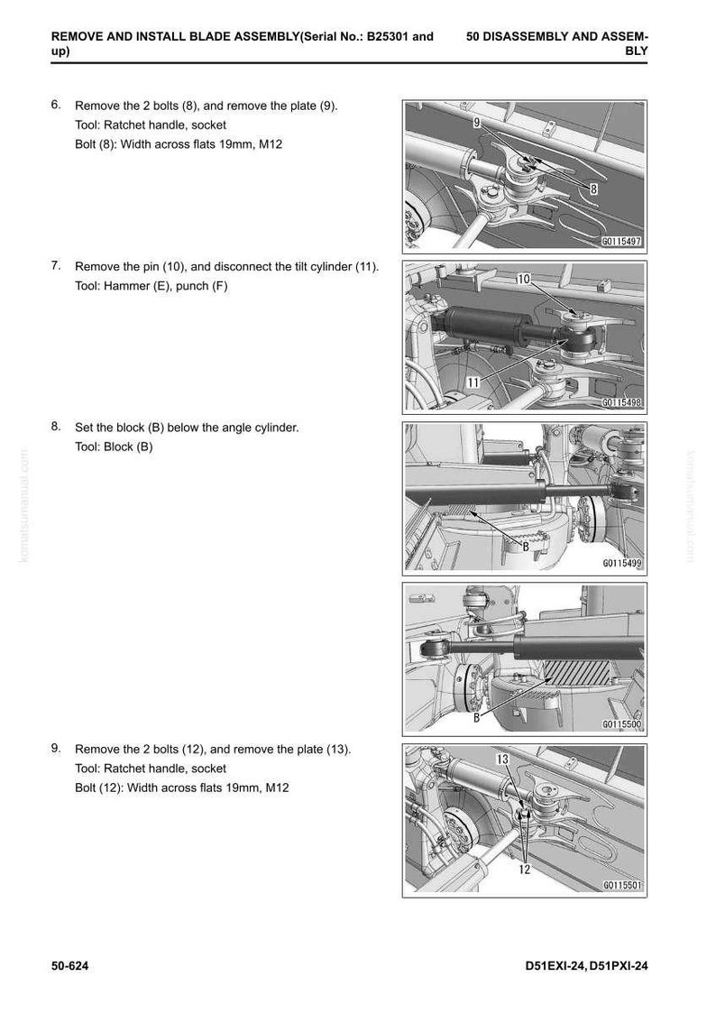 May include: Diagram of blade assembly removal and installation steps. Includes instructions to remove bolts and plates, disconnect the tilt cylinder, and set a block. Text includes tool specifications and part numbers. The image is a technical illustration.