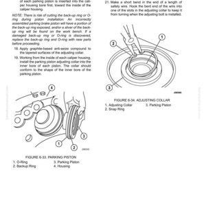 May include: Diagram of automotive brake components, including an O-ring, backup ring, parking piston, and housing. The image includes text instructions for installation and adjustment, with labeled parts for clarity. The diagram is in black and white.