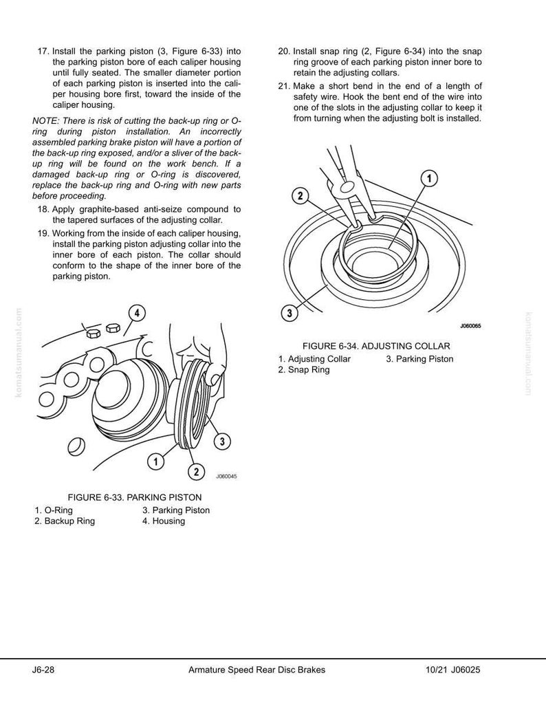 May include: Diagram of automotive brake components, including an O-ring, backup ring, parking piston, and housing. The image includes text instructions for installation and adjustment, with labeled parts for clarity. The diagram is in black and white.