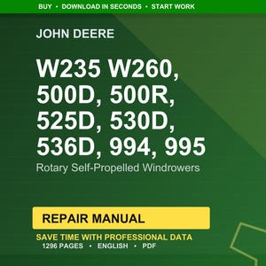 John Deere W235 W260, 500D, 500R, 525D, 530D, 536D, 994, 995 Roterande Självgående Strängläggare Reparationsmanual Pdf Ladda ner bild 1