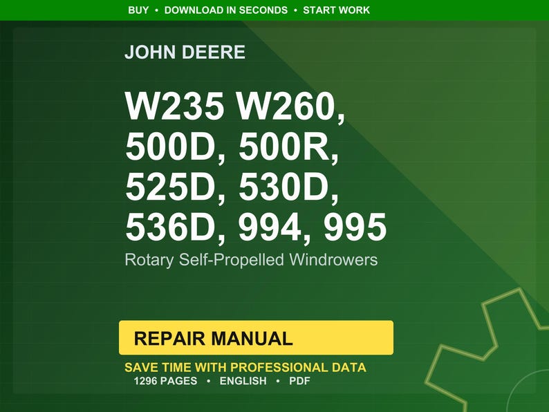 John Deere W235 W260, 500D, 500R, 525D, 530D, 536D, 994, 995 Roterande Självgående Strängläggare Reparationsmanual Pdf Ladda ner bild 1