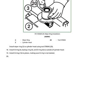 May include: Line drawing of a mechanical assembly process. The image shows a hand using a tool to install a wiper ring onto a cylinder head. The diagram includes labels and the text "Wiper Ring Installation".