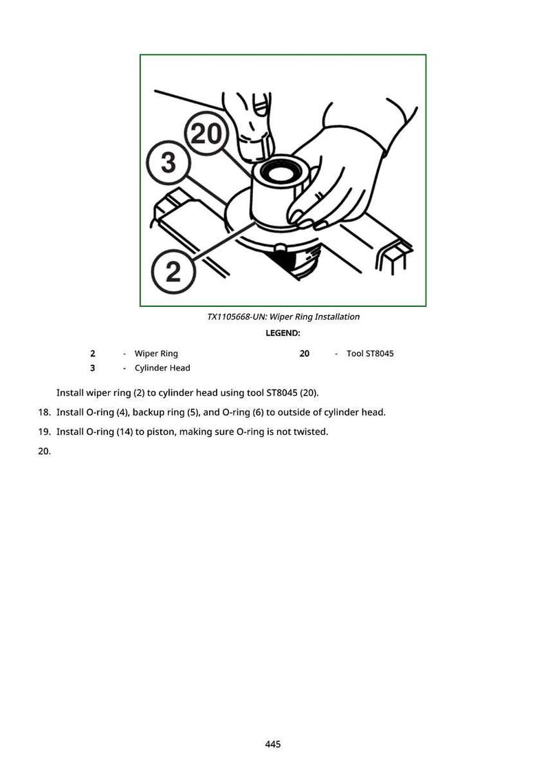May include: Line drawing of a mechanical assembly process. The image shows a hand using a tool to install a wiper ring onto a cylinder head. The diagram includes labels and the text "Wiper Ring Installation".