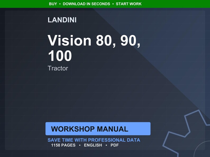 May include: A digital workshop manual for Landini tractors, including Vision 80, 90, and 100 models. The cover features the Landini logo and tractor model information in white text against a dark blue background. The manual contains 1158 pages and is in English.