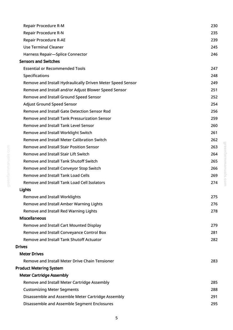 May include: A detailed table of contents from a manual, listing repair procedures, sensor installation, and other technical instructions. The text is in black font on a white background, with page numbers on the right.