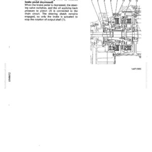 May include: Diagram of a mechanical system with text describing brake application. The diagram shows various components labeled with numbers, including a piston and output shaft. The text explains the function of the brake system.