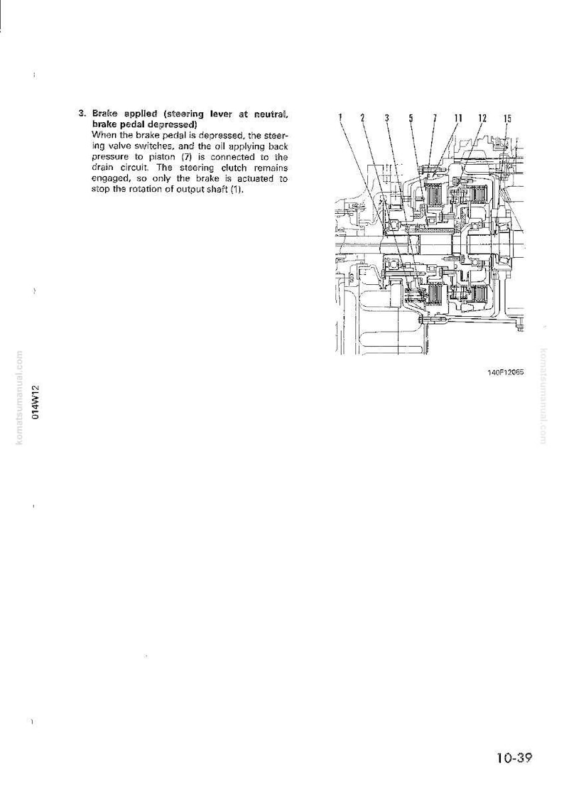 May include: Diagram of a mechanical system with text describing brake application. The diagram shows various components labeled with numbers, including a piston and output shaft. The text explains the function of the brake system.