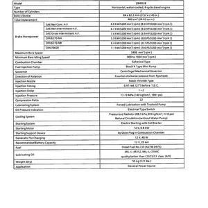 May include: Specifications table for ZB400-8 diesel engine. Includes model details, horsepower, and technical specifications. Features measurements in inches, psi, and lbs. The document is dated 2007.