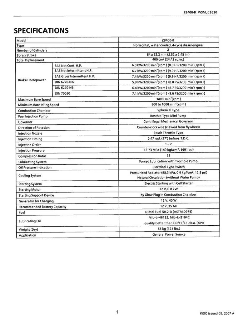 May include: Specifications table for ZB400-8 diesel engine. Includes model details, horsepower, and technical specifications. Features measurements in inches, psi, and lbs. The document is dated 2007.