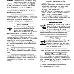 May include: A page from a YANMAR 6SY/8SY Service Manual detailing safety precautions. Warnings cover entanglement, electrical, exhaust, burn, and sudden movement hazards. Includes instructions for safe engine operation.
