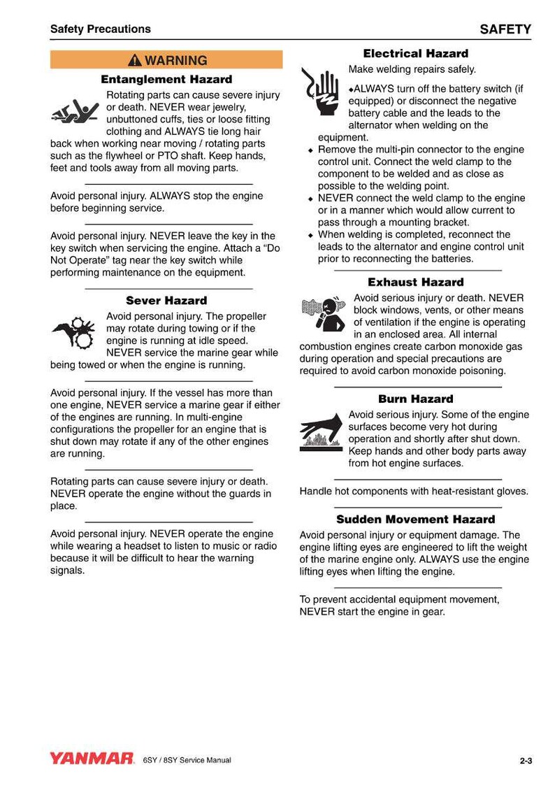 May include: A page from a YANMAR 6SY/8SY Service Manual detailing safety precautions. Warnings cover entanglement, electrical, exhaust, burn, and sudden movement hazards. Includes instructions for safe engine operation.