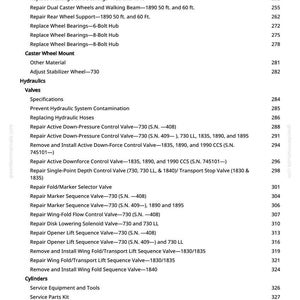 K&ouml;nnte beinhalten: Eine Seite aus einem Handbuch mit Spezifikationen f&uuml;r landwirtschaftliche Ger&auml;te. Der Text enth&auml;lt Details zu Lagern, Ventilen und Hydrauliksystemen, mit Seitenzahlen rechts.