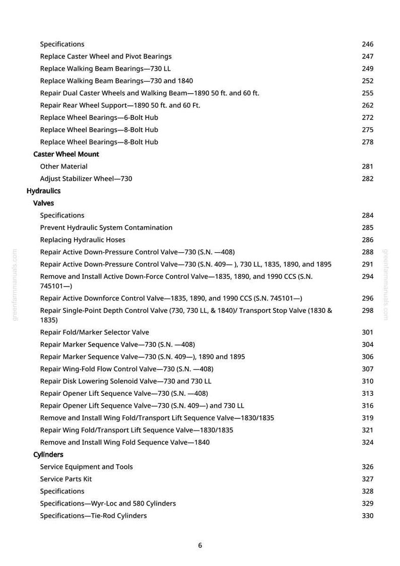 K&ouml;nnte beinhalten: Eine Seite aus einem Handbuch mit Spezifikationen f&uuml;r landwirtschaftliche Ger&auml;te. Der Text enth&auml;lt Details zu Lagern, Ventilen und Hydrauliksystemen, mit Seitenzahlen rechts.