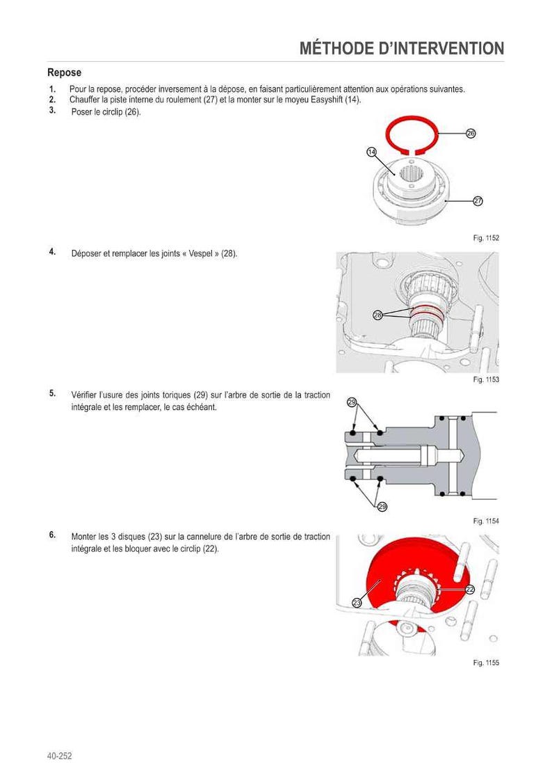 May include: Diagram of mechanical components with labels and callouts. The image includes a circular retaining ring, a bearing, and other parts. Text in French describes the steps for assembly and disassembly.