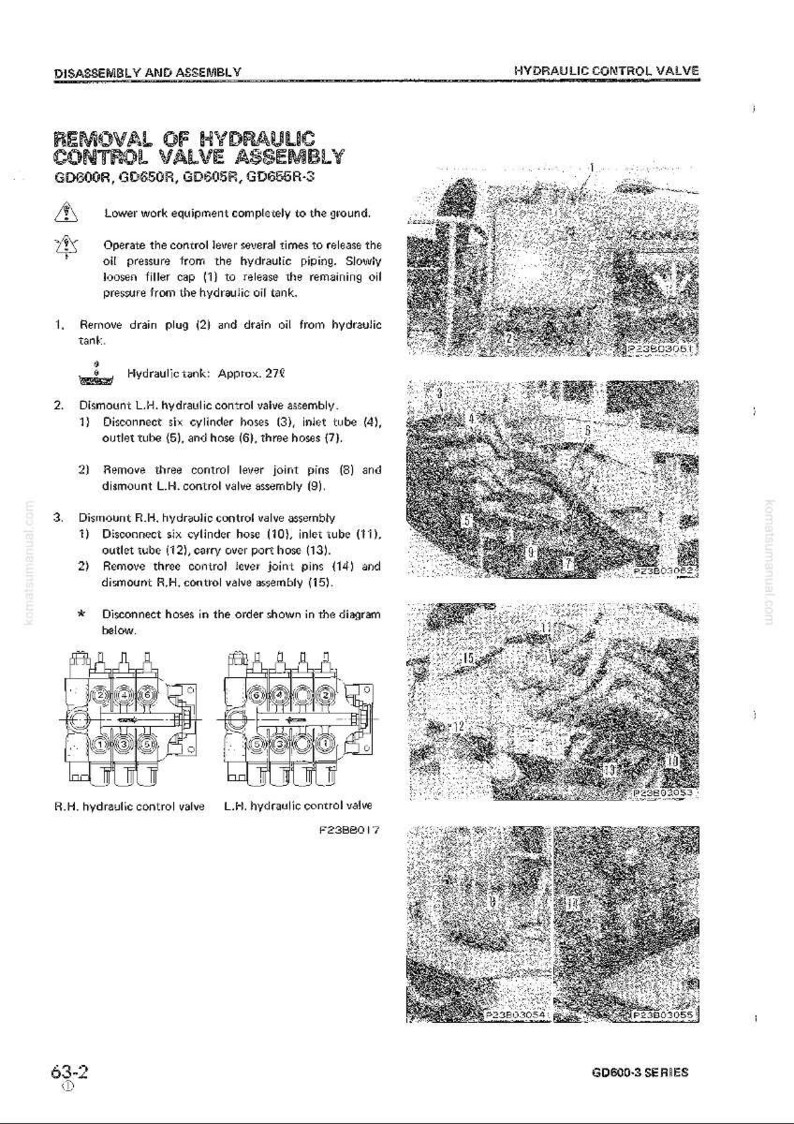 Pu&ograve; includere: Un diagramma tecnico da un manuale che descrive la rimozione di un gruppo valvola di controllo idraulico. Il diagramma include componenti etichettati, istruzioni passo passo e illustrazioni del gruppo valvola e delle parti correlate. Il testo include numeri di modello e istruzioni di sicurezza.
