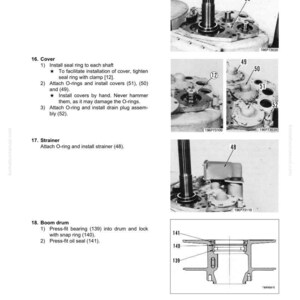 May include: A page from a towing winch manual, featuring diagrams and instructions for disassembly and assembly. The images show various components, including seats, covers, strainers, and boom drums, with labels and part numbers for reference.