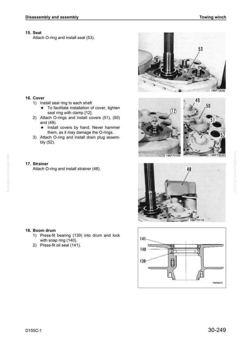 May include: A page from a towing winch manual, featuring diagrams and instructions for disassembly and assembly. The images show various components, including seats, covers, strainers, and boom drums, with labels and part numbers for reference.