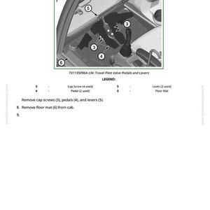 May include: Diagram of a vehicle's interior, highlighting the travel pilot valve pedals and levers. The image includes cap screws, pedals, and levers, with labels for each component. Text at the bottom provides instructions for removal.