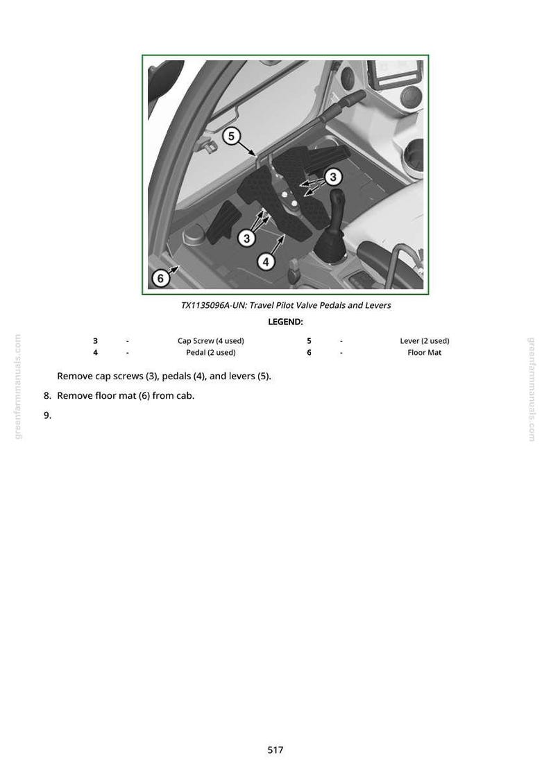 May include: Diagram of a vehicle's interior, highlighting the travel pilot valve pedals and levers. The image includes cap screws, pedals, and levers, with labels for each component. Text at the bottom provides instructions for removal.