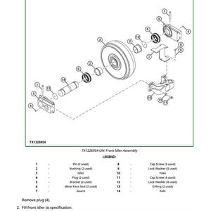 以下が含まれることがあります： TX1226954-UNとラベルされたフロントアイドラーアセンブリの技術図で、ホイール、ブッシュ、シールなどのコンポーネントの分解図を示しています。図には、部品名と数量が記載された凡例が含まれています。フロントアイドラーの容量は約300mlです。