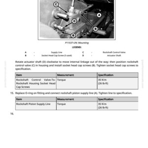 May include: Black and white diagram of an engine component assembly. The image includes labels for supply lines, socket head cap screws, and a rockshaft control valve. Text provides torque specifications of 35 N&sdot;m.