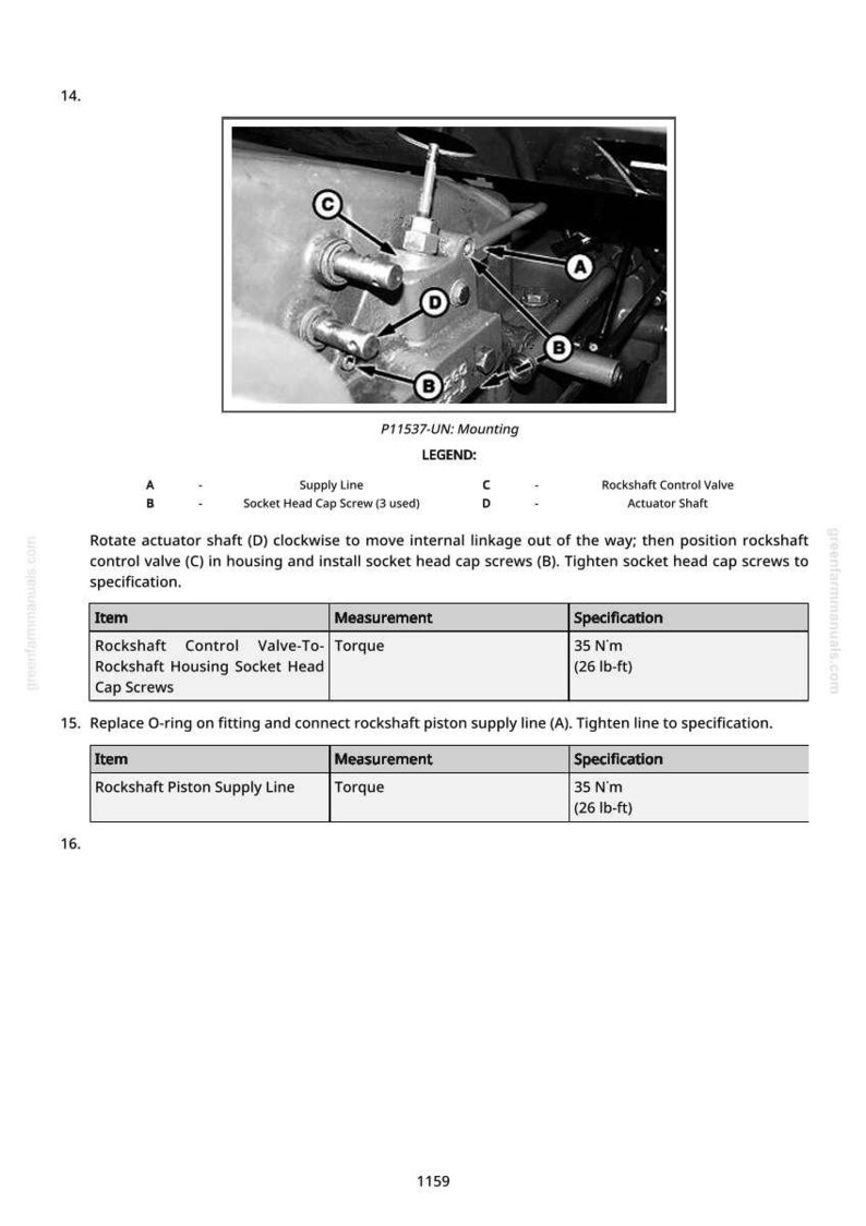May include: Black and white diagram of an engine component assembly. The image includes labels for supply lines, socket head cap screws, and a rockshaft control valve. Text provides torque specifications of 35 N&sdot;m.