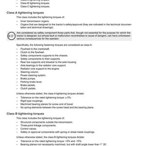 May include: A technical document titled "Tightening Torques" from Argo Tractors. The document details torque specifications for screws and bolts in a tractor, categorized by criticality. Includes Class A, B, and C tightening torques, with specific examples.