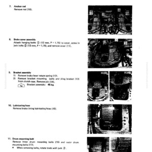 May include: A technical diagram from a manual detailing the disassembly and assembly of a steering clutch. The image includes numbered steps, diagrams, and measurements in millimeters and kilograms, with components like anchor rods, brake cover assembly, and drum mounting bolts.