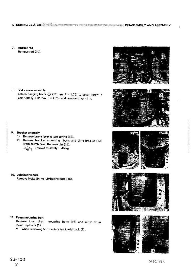May include: A technical diagram from a manual detailing the disassembly and assembly of a steering clutch. The image includes numbered steps, diagrams, and measurements in millimeters and kilograms, with components like anchor rods, brake cover assembly, and drum mounting bolts.
