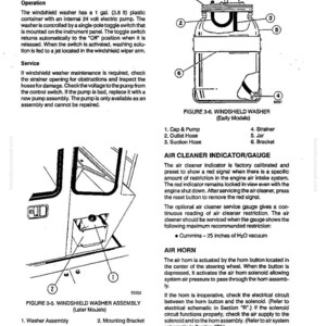 K&ouml;nnte beinhalten: Diagramm eines Scheibenwaschsystems, einschlie&szlig;lich eines Kunststoffbeh&auml;lters, Schl&auml;uchen und einer Pumpe. Das Bild zeigt auch eine Luftfilteranzeige/Messger&auml;t und eine Hupe. Textbeschriftungen identifizieren die Komponenten.