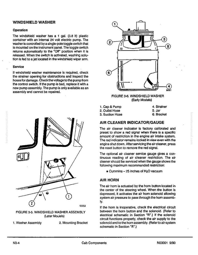 K&ouml;nnte beinhalten: Diagramm eines Scheibenwaschsystems, einschlie&szlig;lich eines Kunststoffbeh&auml;lters, Schl&auml;uchen und einer Pumpe. Das Bild zeigt auch eine Luftfilteranzeige/Messger&auml;t und eine Hupe. Textbeschriftungen identifizieren die Komponenten.