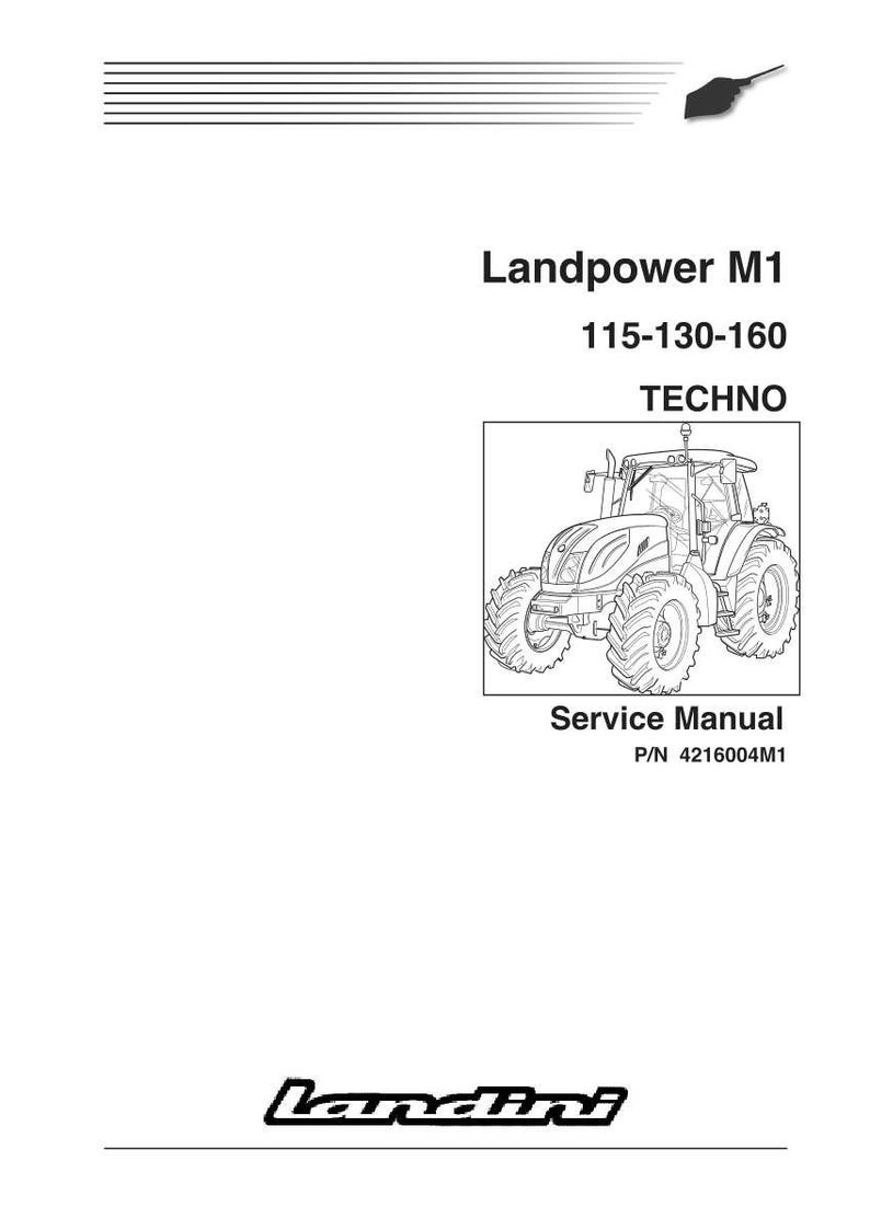 May include: A service manual for the Landpower M1 tractor. The cover features a line drawing of the tractor, with the text "Landpower M1 115-130-160 TECHNO" and "Service Manual". The Landini logo is at the bottom.