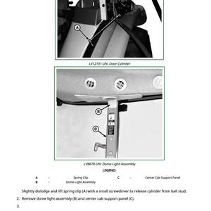 May include: Diagram of a door cylinder and dome light assembly with labels A, B, and C. The image includes text instructions for removing the dome light assembly and center cab support panel. The diagram is in black and white.