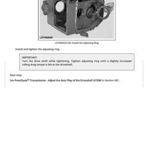 K&ouml;nnte beinhalten: Eine technische Zeichnung zeigt ein graues mechanisches Bauteil mit einer kreisf&ouml;rmigen &Ouml;ffnung und Inneng&auml;ngen. Der Text "LX1042625" ist sichtbar. Anweisungen umfassen das Anziehen eines Einstellrings und das Drehen der Antriebswelle.