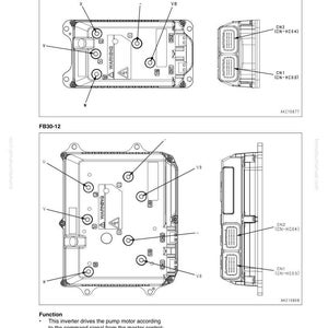 K&ouml;nnte beinhalten: Diagramm eines Pumpenwechselrichters, Modelle FB25-12 und FB30-12, mit detaillierten Komponentenbezeichnungen. Das Bild zeigt Draufsichten und Seitenansichten der elektrischen Systemkomponente, einschlie&szlig;lich Anschl&uuml;ssen und Warnsymbolen. Text enth&auml;lt Funktions- und Modellinformationen.