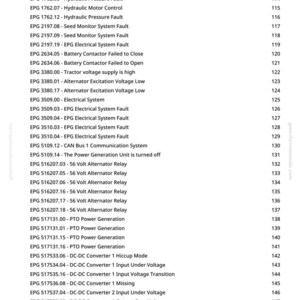 May include: A manual page detailing error codes, such as hydraulic pressure faults and alternator relays. The text is black on white, with codes for DC-DC converter problems. Measurements are not applicable.